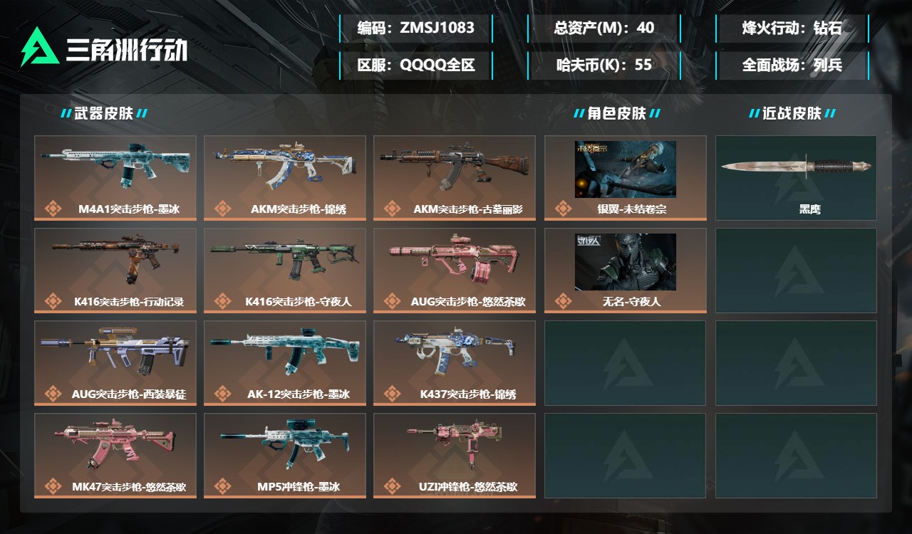 三角洲行动账号QQZMSJ1083【总资产(M)】40.79【哈夫币】55k【行动等级】60【烽火地带段位】钻石【干员