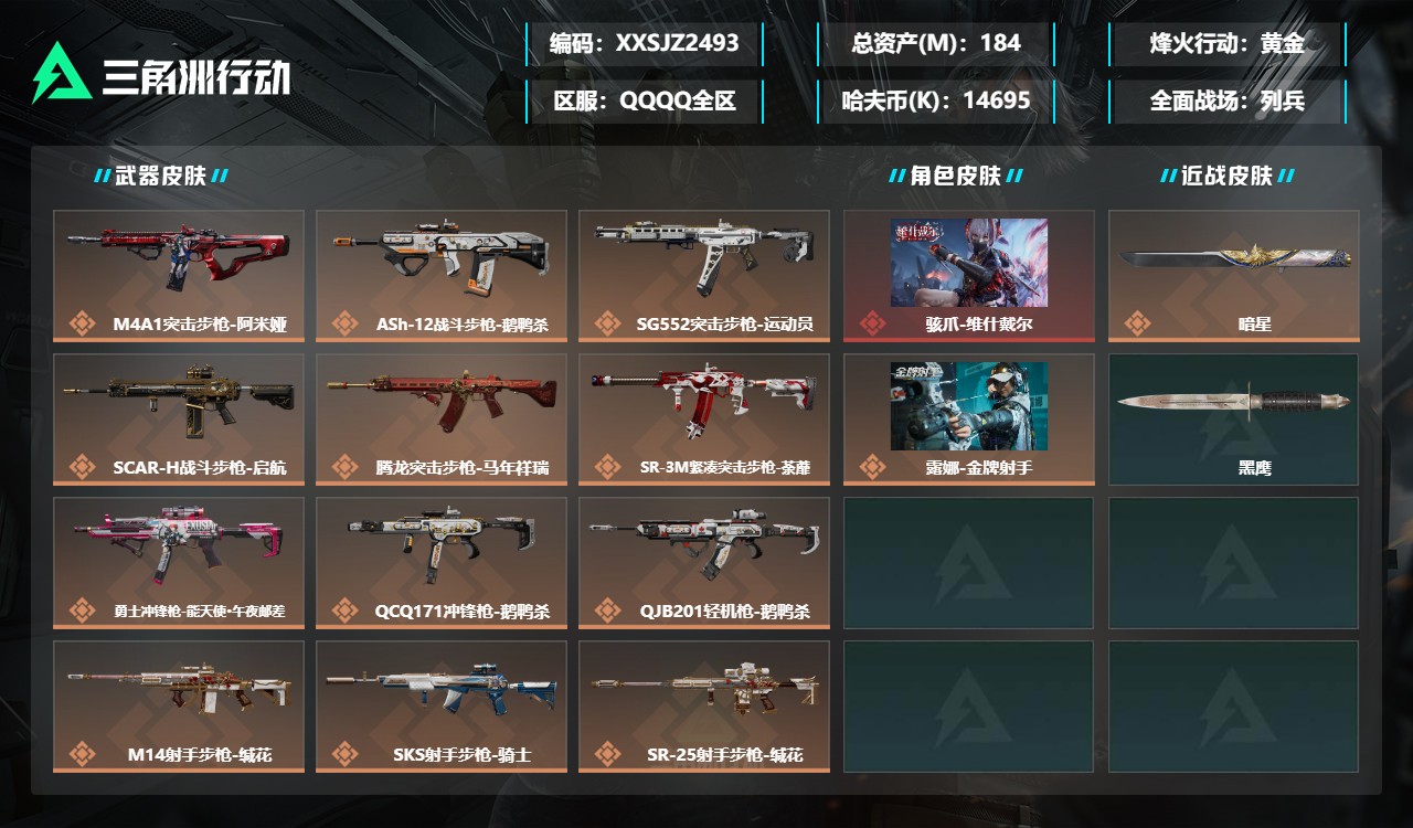 三角洲行动账号QQXXSJZ2493【高额资产184m-3干员1红1刀+94发AW+25咖啡】【总资产(M)】184.