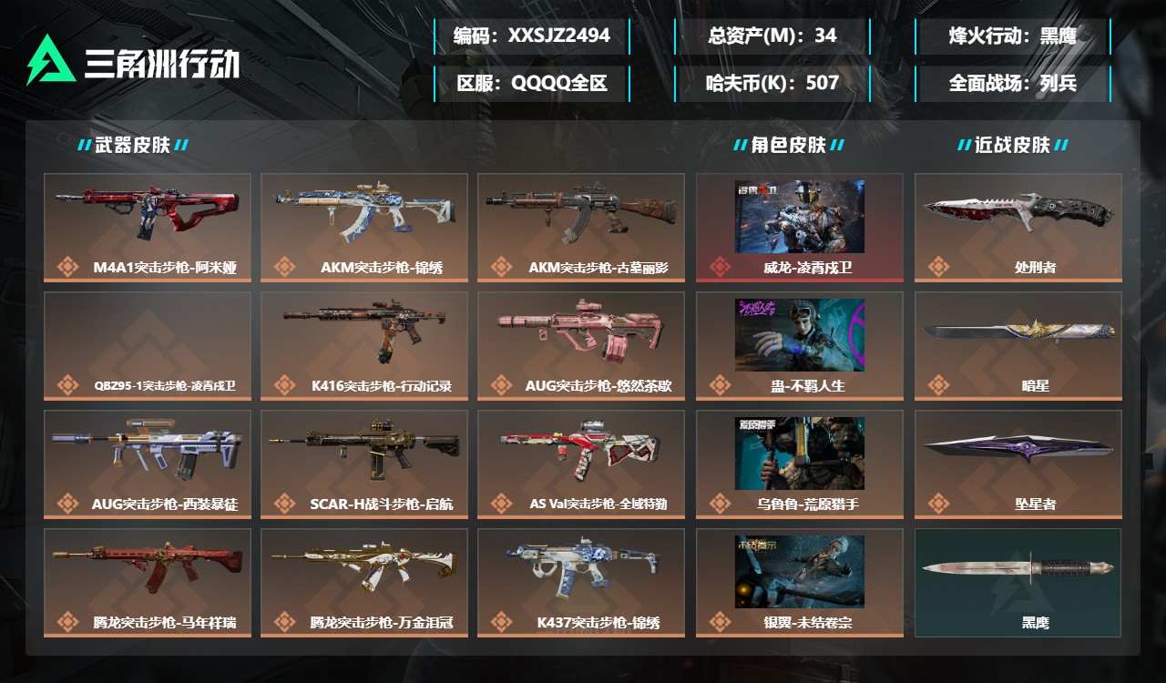 三角洲行动账号QQXXSJZ2494【总资产(M)】34.45【哈夫币】507k【行动等级】60【烽火地带段位】黑鹰【