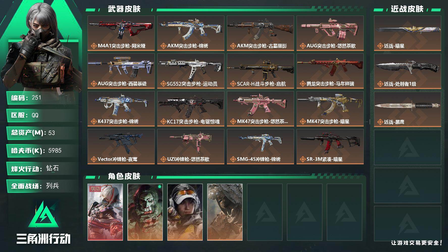 三角洲行动账号QQXXSJZ2496【总资产(M)】53.59【哈夫币】5985k【行动等级】60【烽火地带段位】钻石