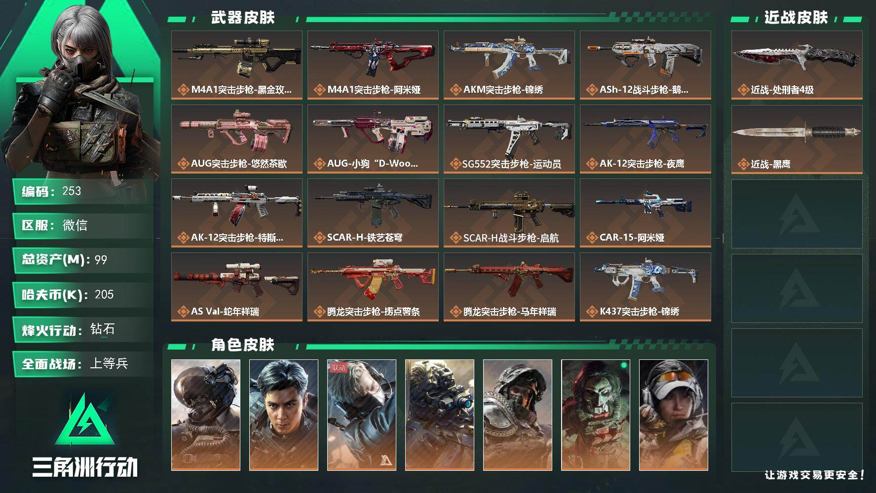 三角洲行动账号VXXXSJZ2516三端互通V-总价值99.6M-哈夫币205673-烽火地带等级60-烽火地带段位钻