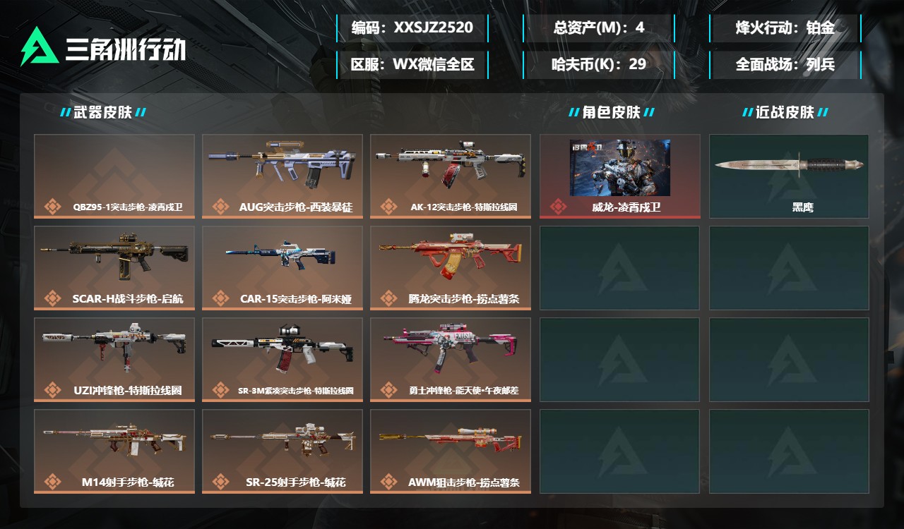 三角洲行动账号VXXXSJZ2520三端互通V-总价值4M-哈夫币290214-烽火地带等级54-烽火地带【干员皮肤】