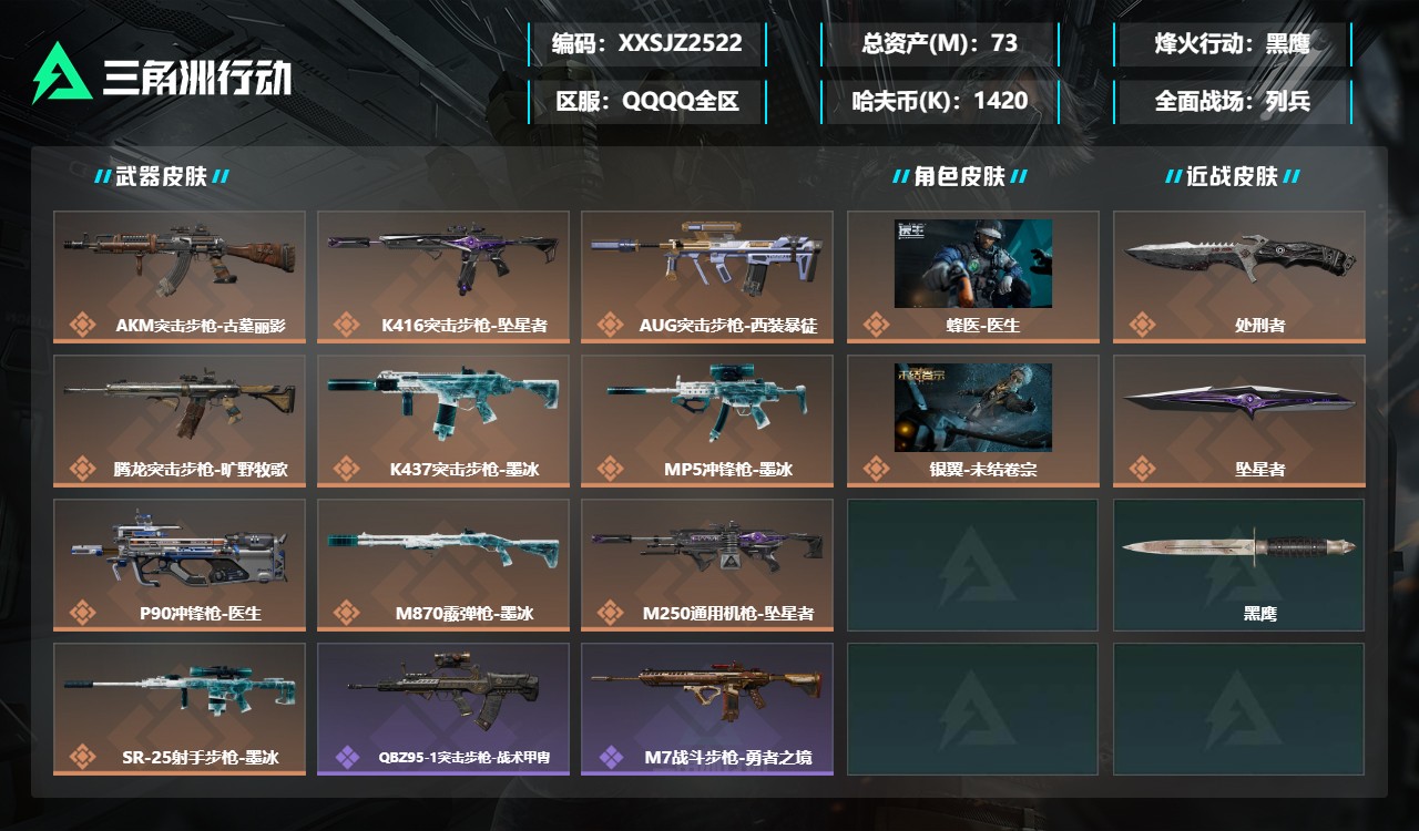 三角洲行动账号QQXXSJZ2522三端互通-总价值73M-哈夫币1420k-烽火地带等级60-烽火地带【干员皮肤】蜂