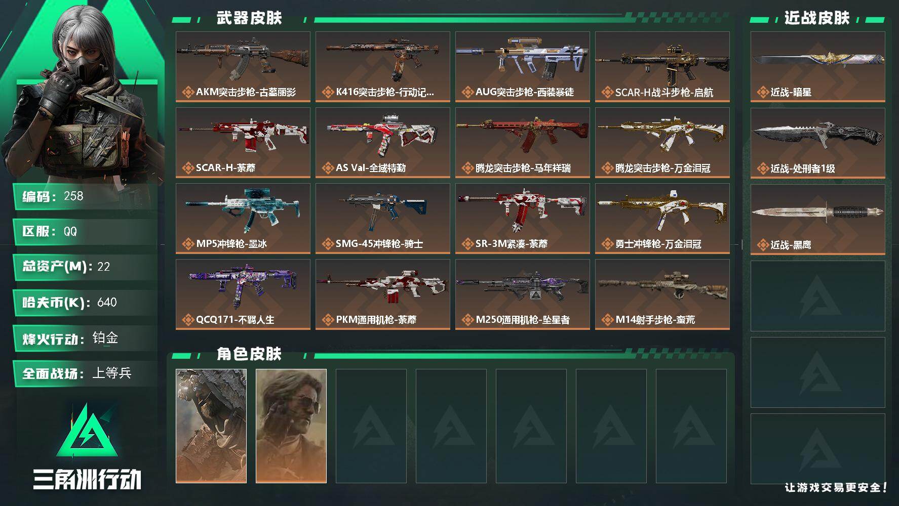 三角洲行动账号QQXXSJZ2538+【总资产(M)】23.05【哈夫币】640k【行动等级】60【烽火地带段位】铂金