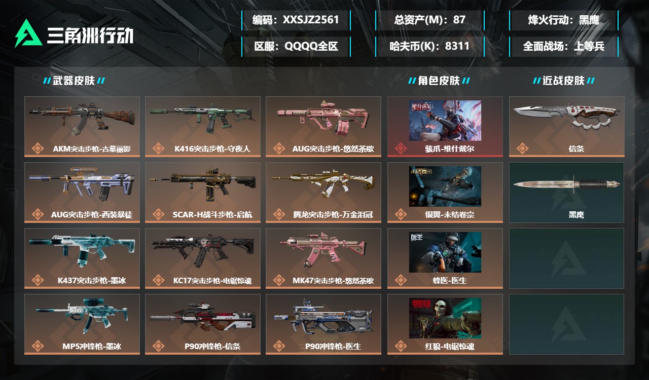 三角洲行动账号QQXXSJZ2561三端互通-总价值87M-哈夫币8311k-烽火地带等级60-烽火地带【干员皮肤】银