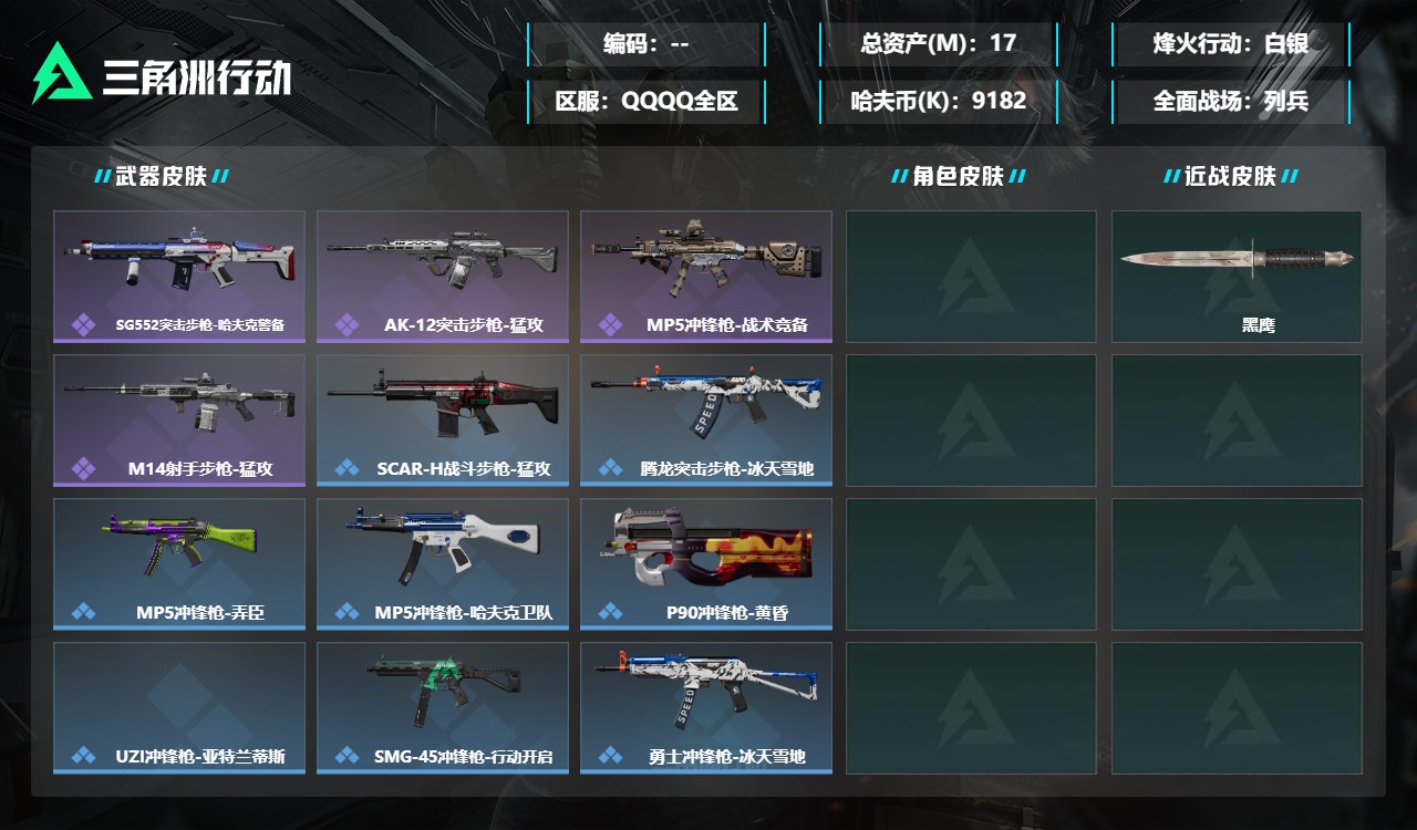 三角洲行动账号QQQSSJZ112+【总资产(M)】17.45
【哈夫币】9,182.22
【行动等级】60
【全面战