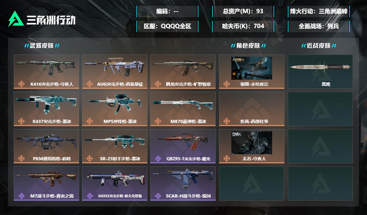 三角洲行动账号QQQSSJZ114+【总资产(M)】92.81
【哈夫币】703.57
【行动等级】60
【全面战场等