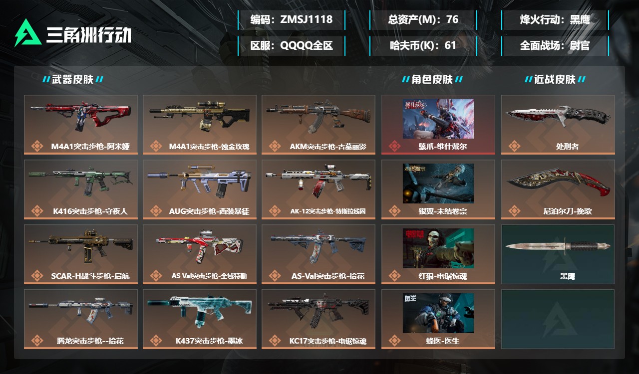 三角洲行动账号QQZMSJ1118三端互通-总价值76M-哈夫币617173-烽火地带等级60-烽火地带【干员皮肤】银