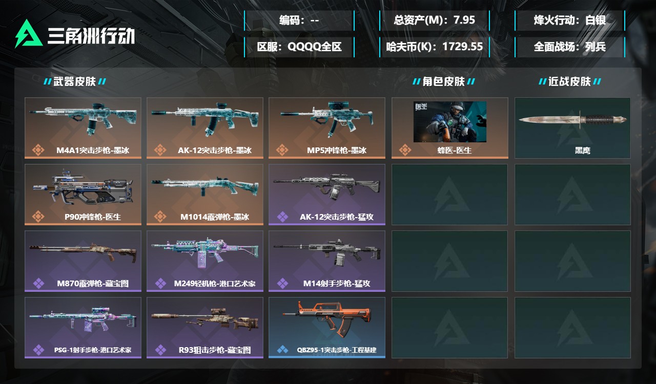 三角洲行动账号QQZMSJ1149三端互通-总价值7.95M-哈夫币1,729.55-烽火地带等级60-烽火地带段位白