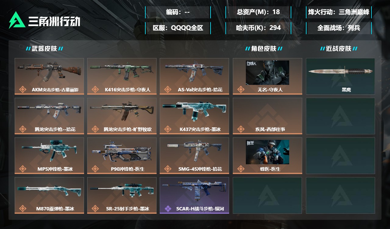 三角洲行动账号QQZMSJ1150【总资产(M)】18.97【哈夫币】294k【行动等级】60【烽火地带段位】三角洲巅