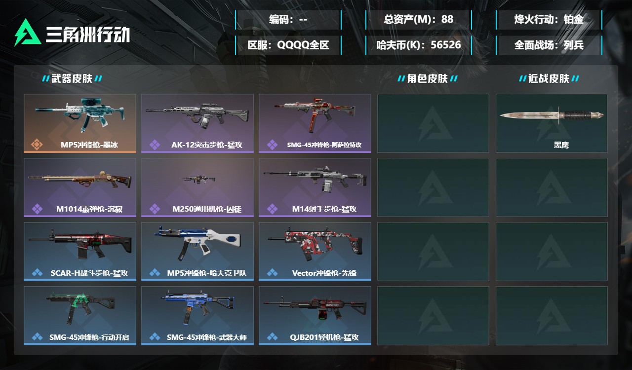 三角洲行动账号QQZMSJ1153【总资产(M)】88.05【哈夫币】56526k【行动等级】60【烽火地带段位】铂金