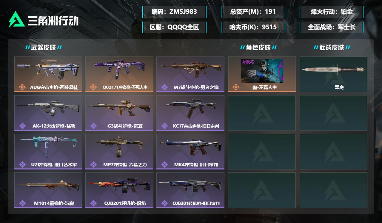 三角洲行动账号QQZMSJ983三端互通-总价值191.02M-哈夫币9,515-烽火地带等级60-烽火地带段位铂金【