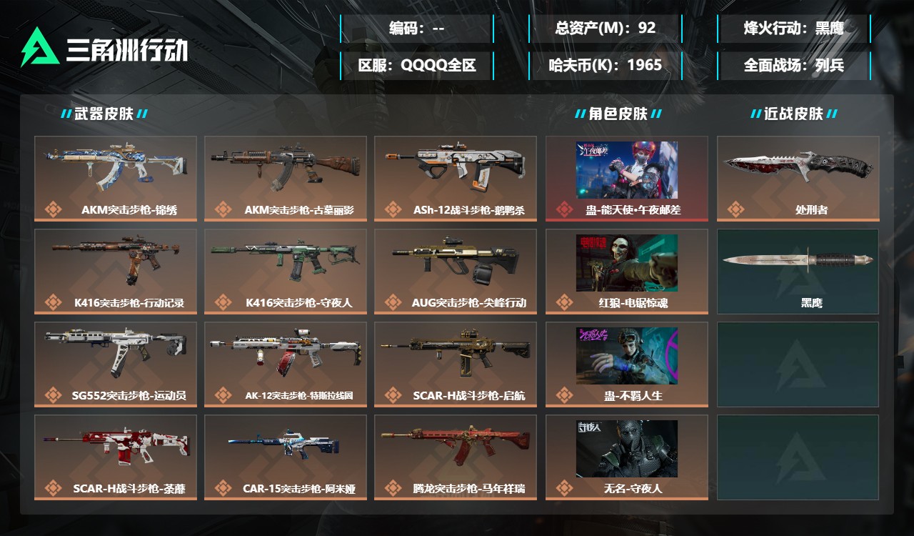 三角洲行动账号QQZMSJ1171【总资产(M)】92【哈夫币】1965k【行动等级】60【烽火地带段位】黑鹰【干员皮