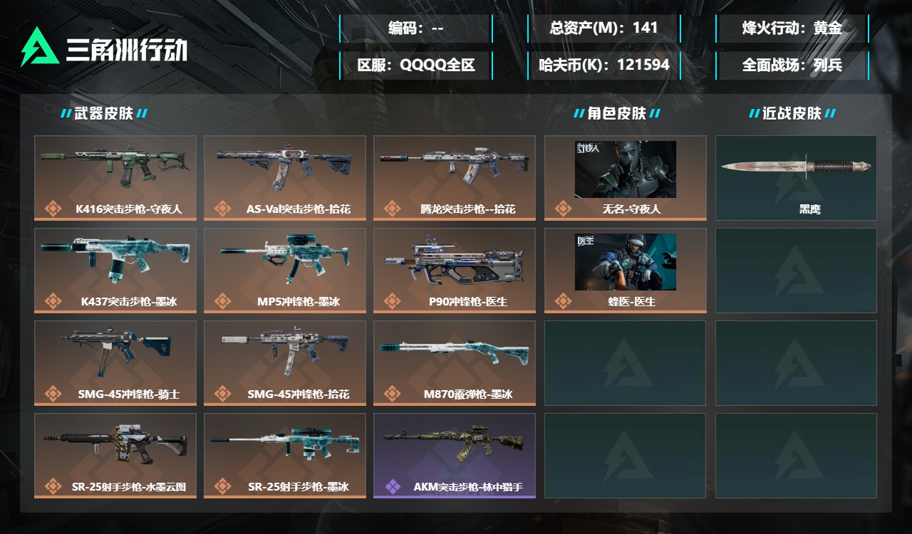 三角洲行动账号QQZMSJ1185【总资产(M)】141.35【哈夫币】121594k【行动等级】59【烽火地带段位】