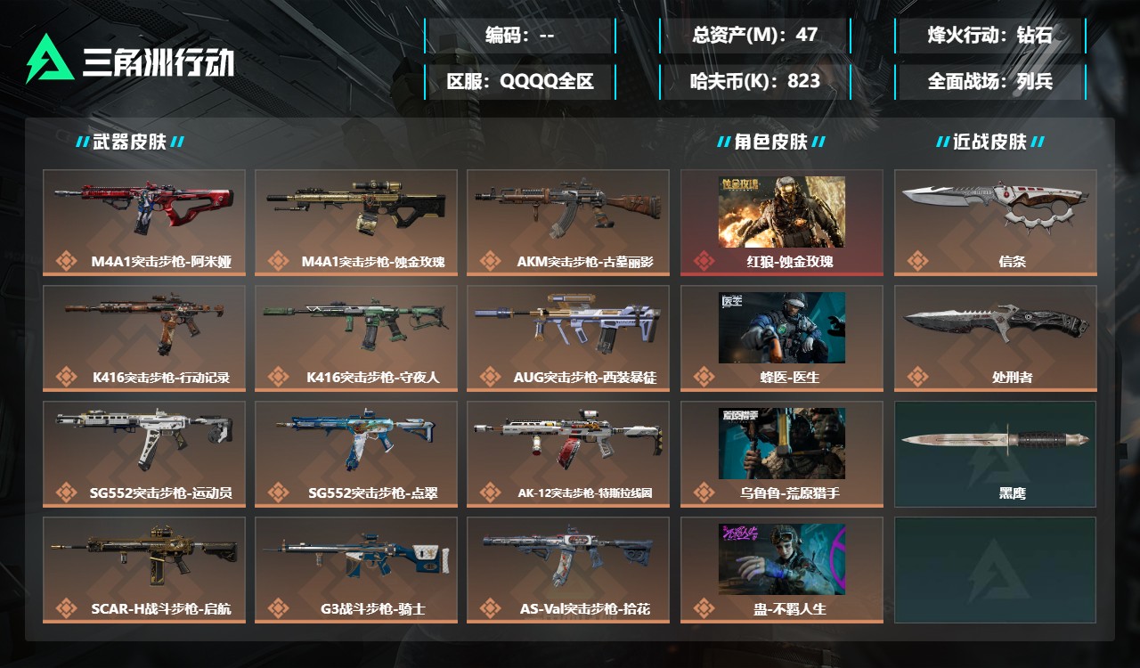 三角洲行动账号QQXXSJZ2609【8干员2近战红皮蚀金玫瑰 信条 处刑者】三端互通-总价值47M-哈夫币82324