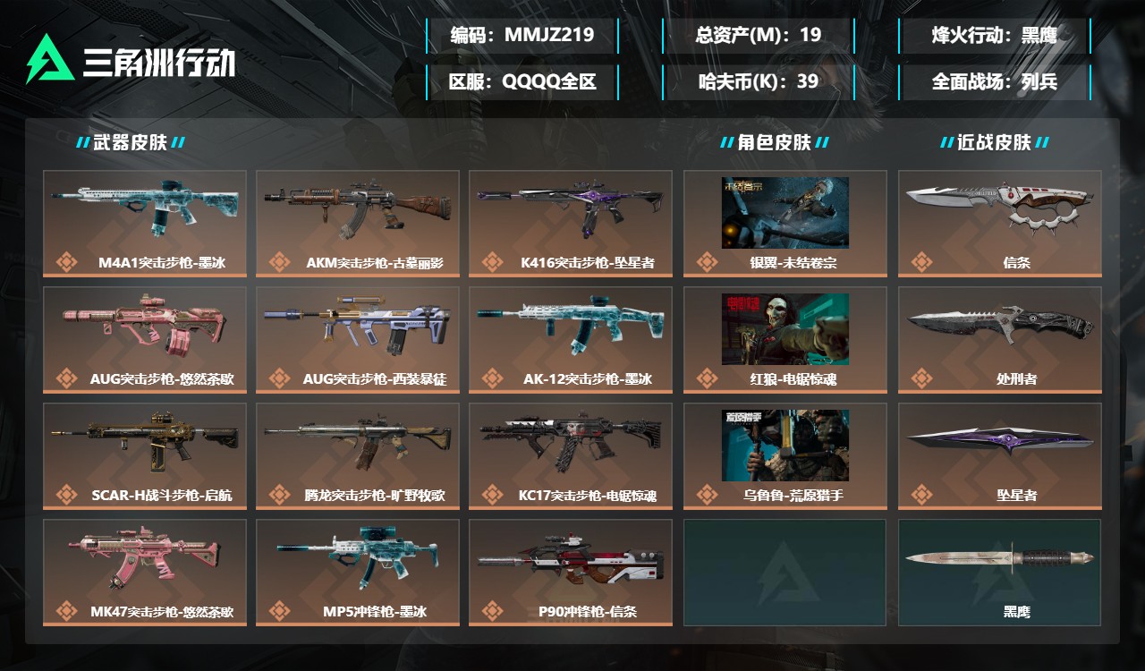 三角洲行动账号QQMMJZ219+三端互通-总价值19M-哈夫币394428-烽火地带等级60-烽火地带【干员皮肤】银