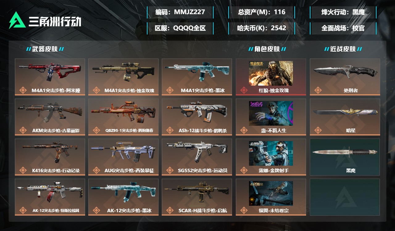 三角洲行动账号QQMMJZ227【总资产(M)】116.94【哈夫币】2542k【行动等级】60【烽火地带段位】黑鹰【