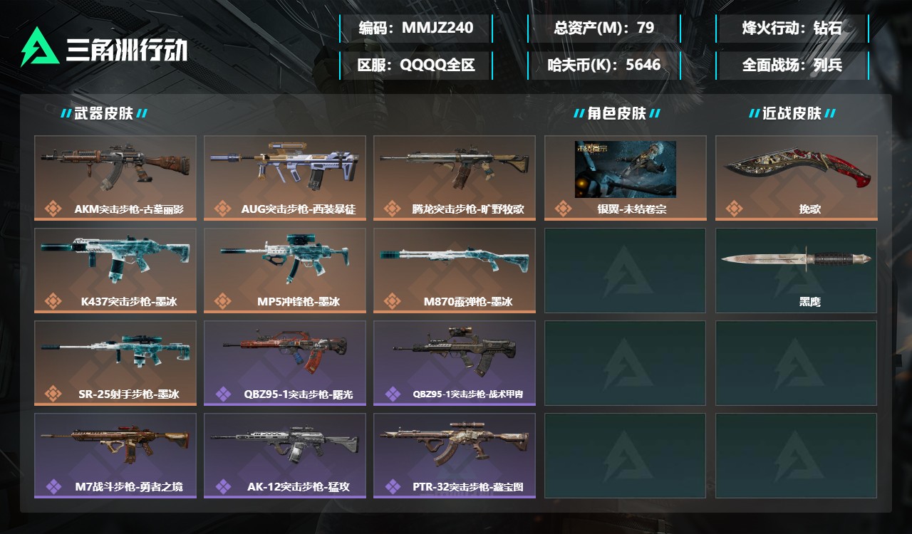 三角洲行动账号QQMMJZ240+三端互通-总价值78.78M-哈夫币5,646k-烽火地带等级60-烽火地带钻石【干
