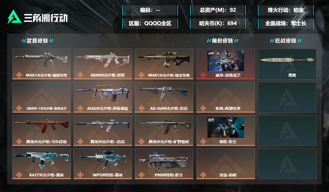 三角洲行动账号QQMMJZ261【2典藏枪皮 2金枪 5干员皮肤 凌霄戍卫】【总资产(M)】92.72【哈夫币】694