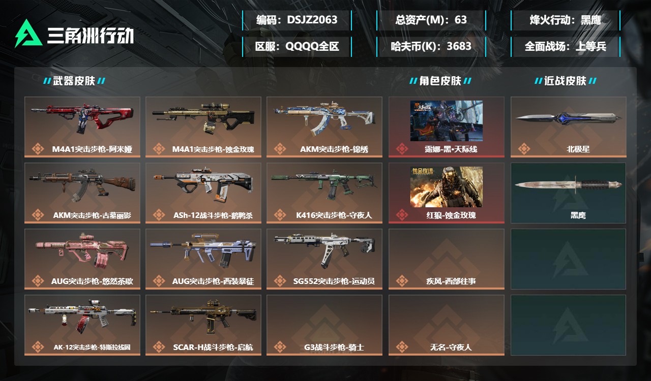 三角洲行动账号QQDSJZ2063+【仓库价值63M+黑·天际线+蚀金玫瑰+北极星】三端互通-总价值63M-哈夫币36