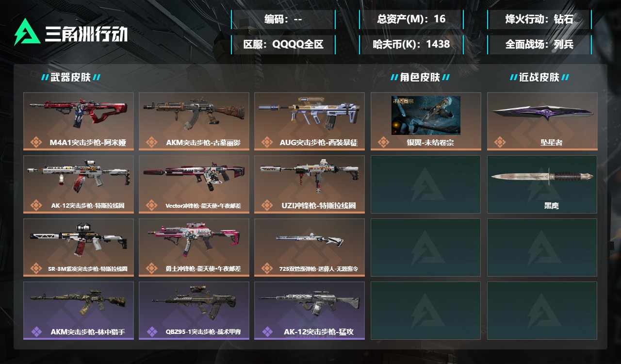 三角洲行动账号QQDSJZ2069【9金枪 1干员皮 刀皮 坠星者 】【总资产(M)】16.11【哈夫币】1438K【