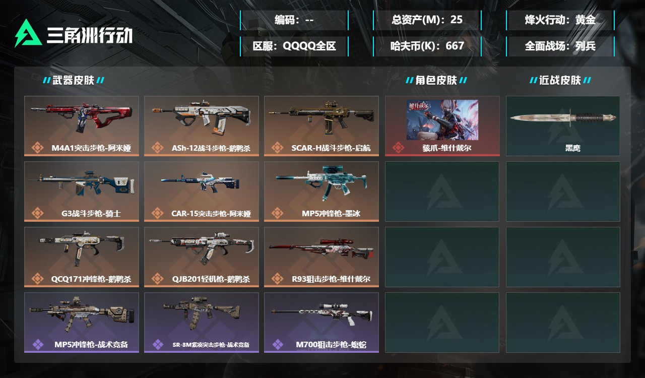 三角洲行动账号QQDSJZ2075三端互通-总价值25.3M-哈夫币667.27-烽火地带等级52-烽火地带【干员皮肤