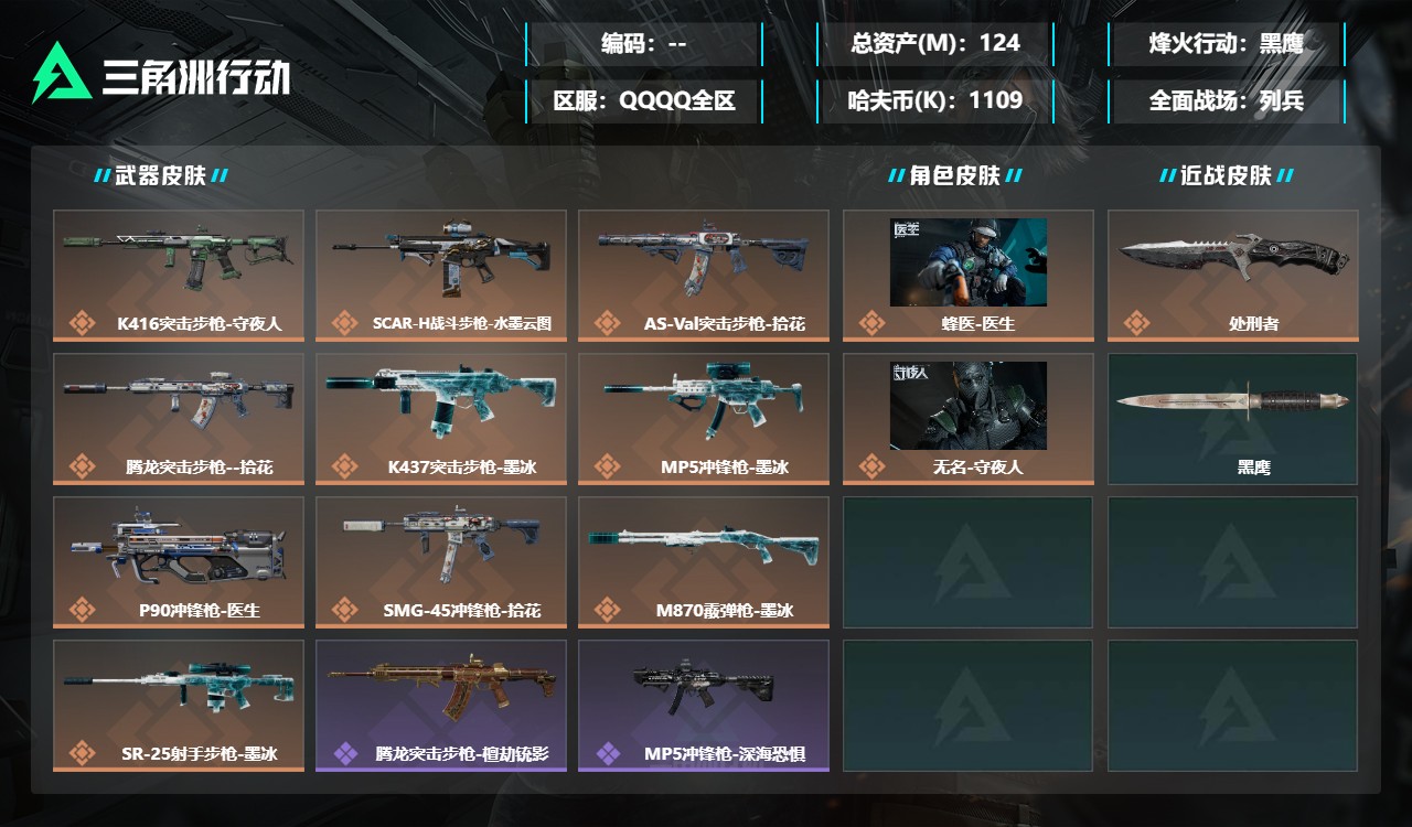 三角洲行动账号QQDSX1950+【总资产(M)】124.42【哈夫币】1109k【行动等级】60【烽火地带段位】黑鹰