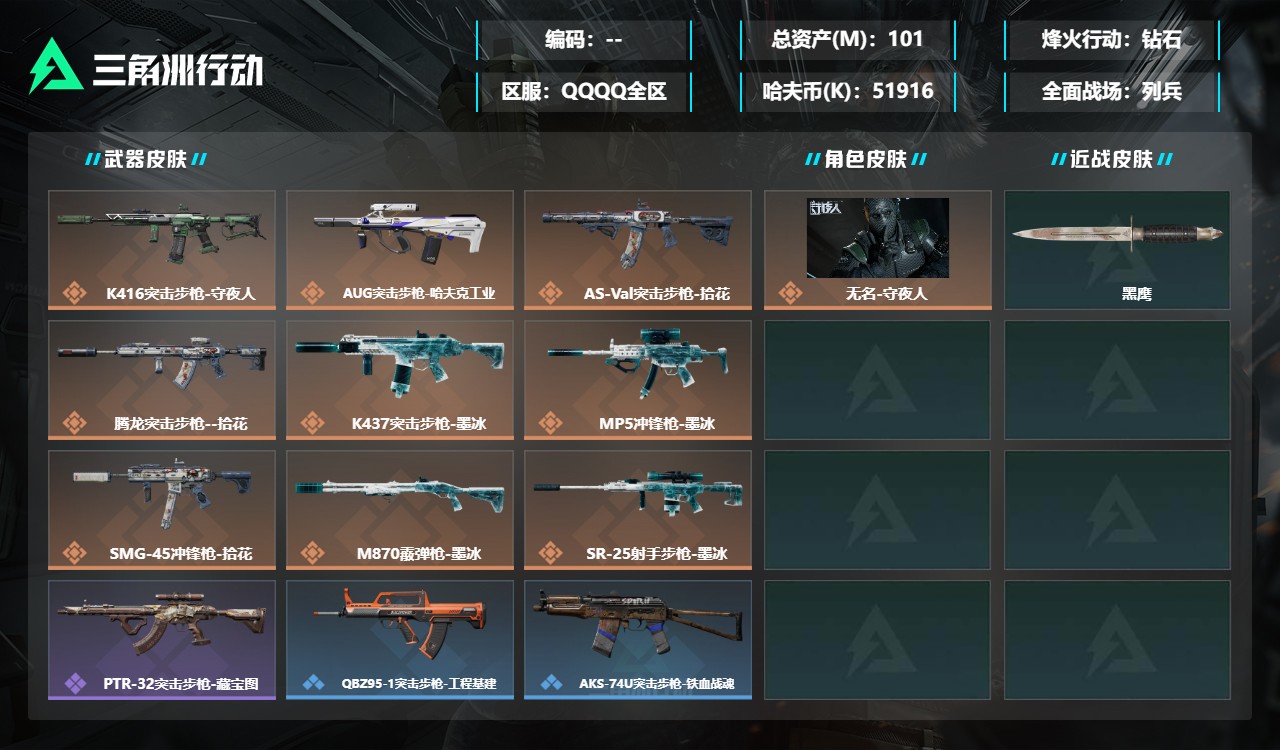 三角洲行动账号QQDSX1982+【总资产(M)】101.65【哈夫币】51916K【行动等级】38【烽火地带段位】钻