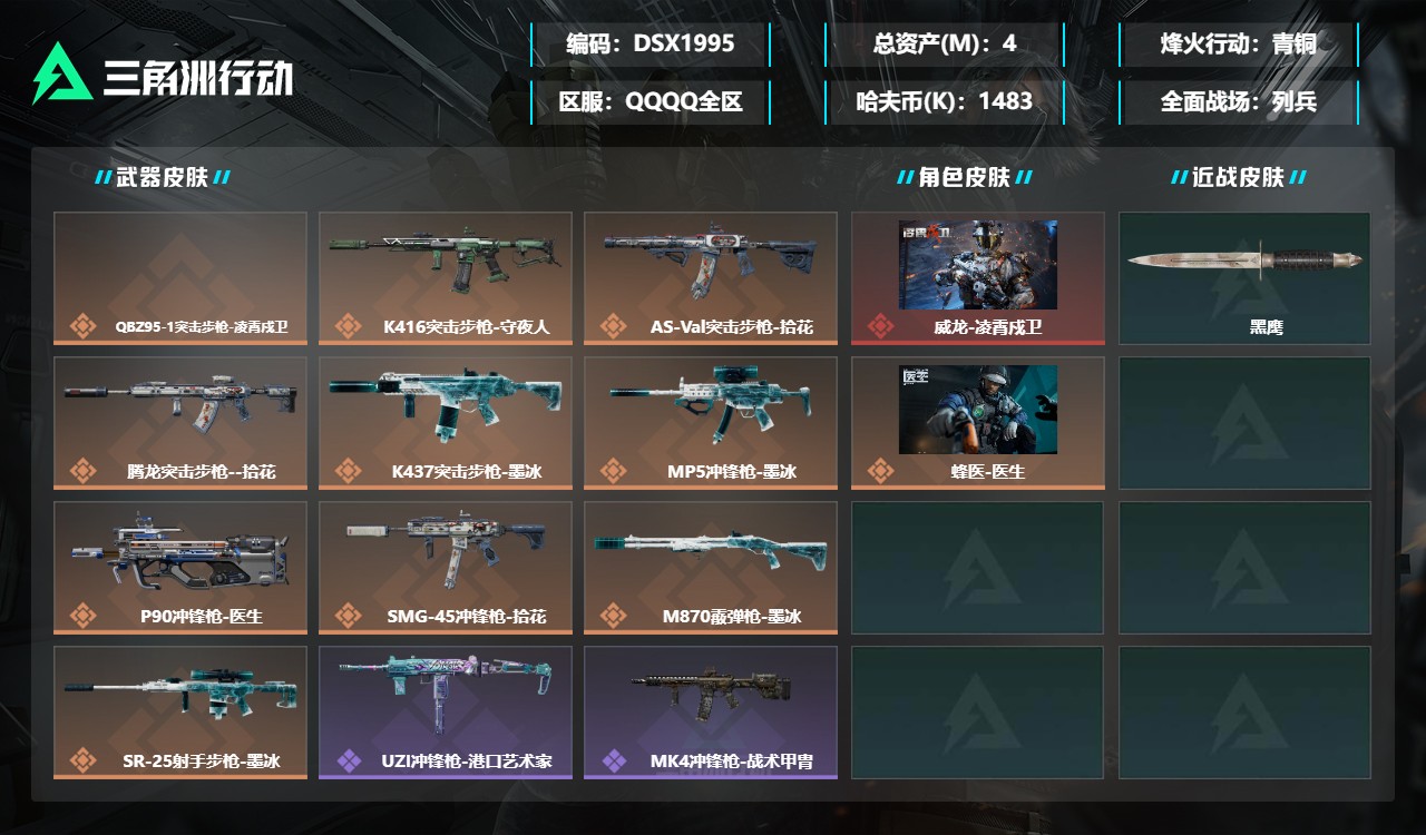 三角洲行动账号QQDSX1995三端互通-总价值4M-哈夫币1483k-烽火地带等级37-烽火地带【干员皮肤】威龙-凌
