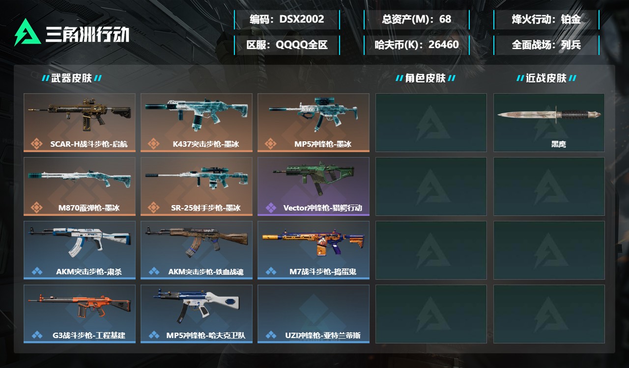 三角洲行动账号QQDSX2002三端互通-总价值68M-哈夫币26460k-烽火地带等级39-烽火地带【近战武器】黑鹰