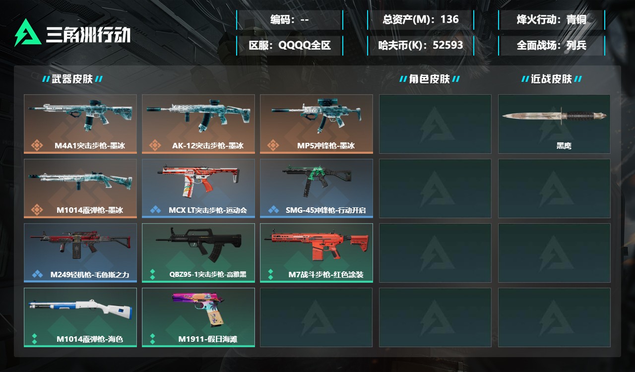 三角洲行动账号QQDSX2047【总资产(M)】136.53【哈夫币】52593k【行动等级】60【烽火地带段位】青铜