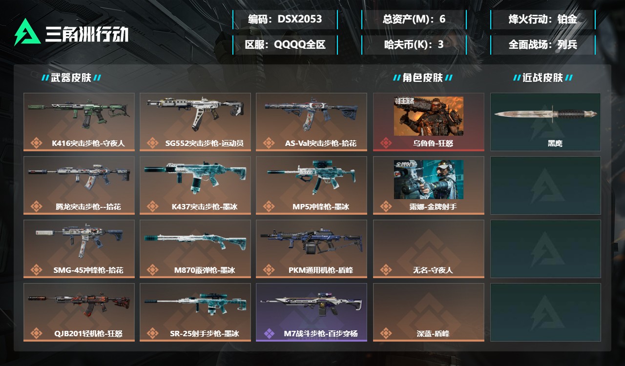 三角洲行动账号QQDSX2053三端互通-总价值6M-哈夫币30839-烽火地带等级60-烽火地带【干员皮肤】露娜-金