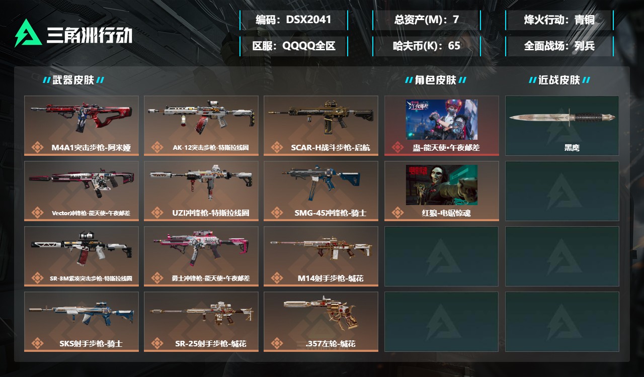 三角洲行动账号QQDSX2041【能天使·午夜邮差】三端互通-总价值7M-哈夫币652531-烽火地带等级60-烽火地