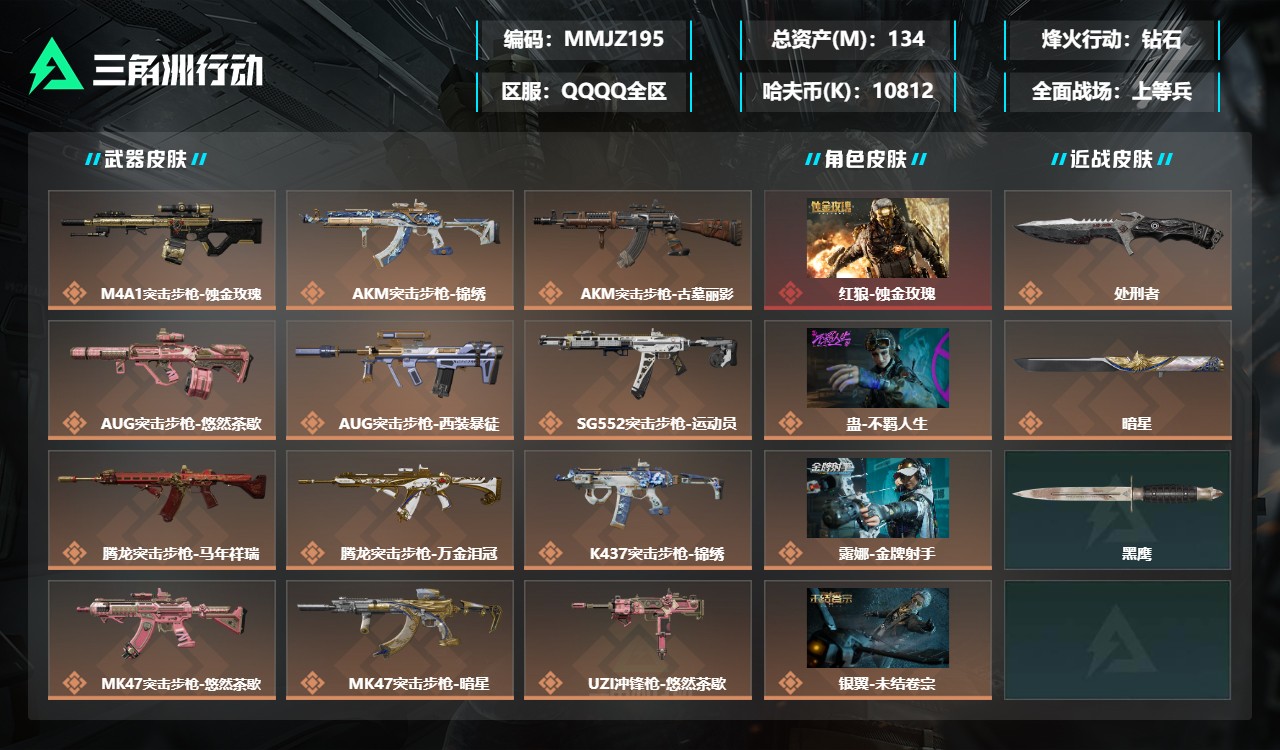 三角洲行动账号QQMMJZ195三端互通-总价值134M-哈夫币10812k-烽火地带等级60-烽火地带【干员皮肤】蛊