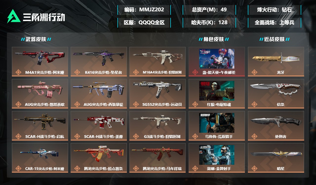 三角洲行动账号QQMMJZ202【总资产(M)】49.98【哈夫币】128k【行动等级】60【烽火地带段位】钻石【干员