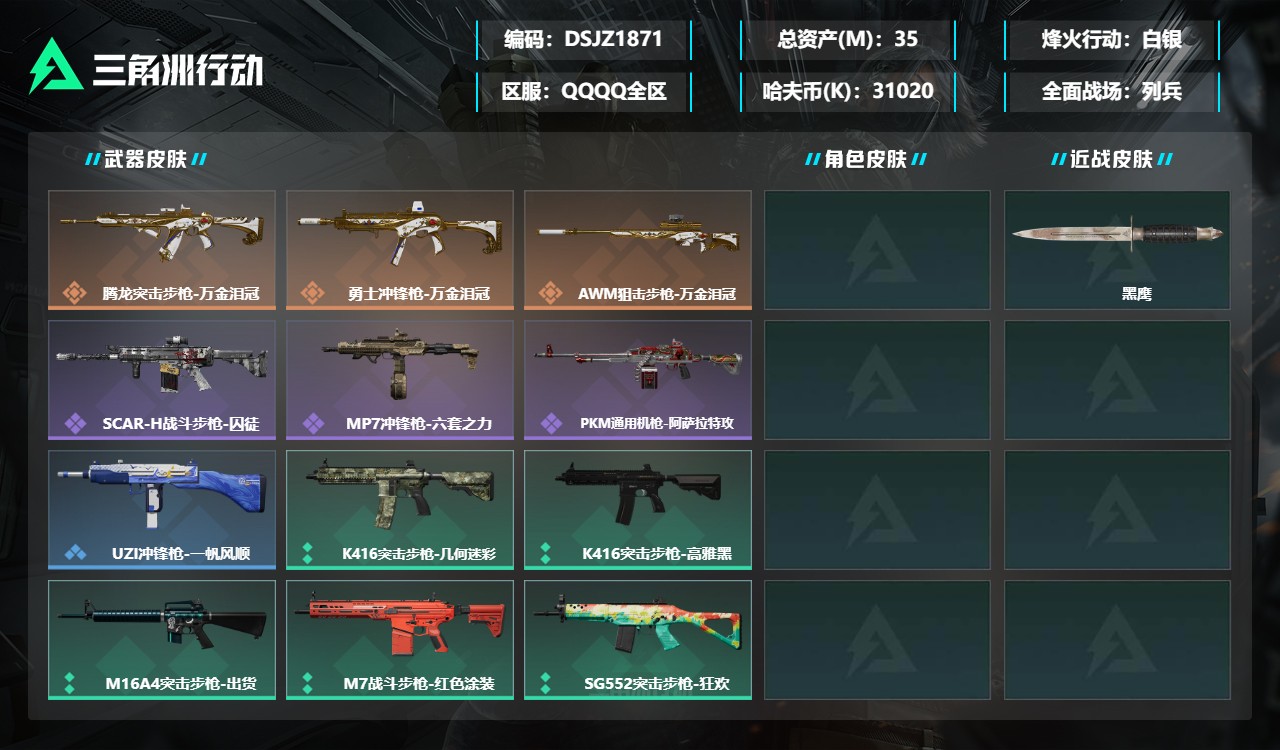 三角洲行动账号QQ【总资产(M)】35.17【哈夫币】31,020.1【行动等级】29【近战武器】黑鹰【枪皮】K416