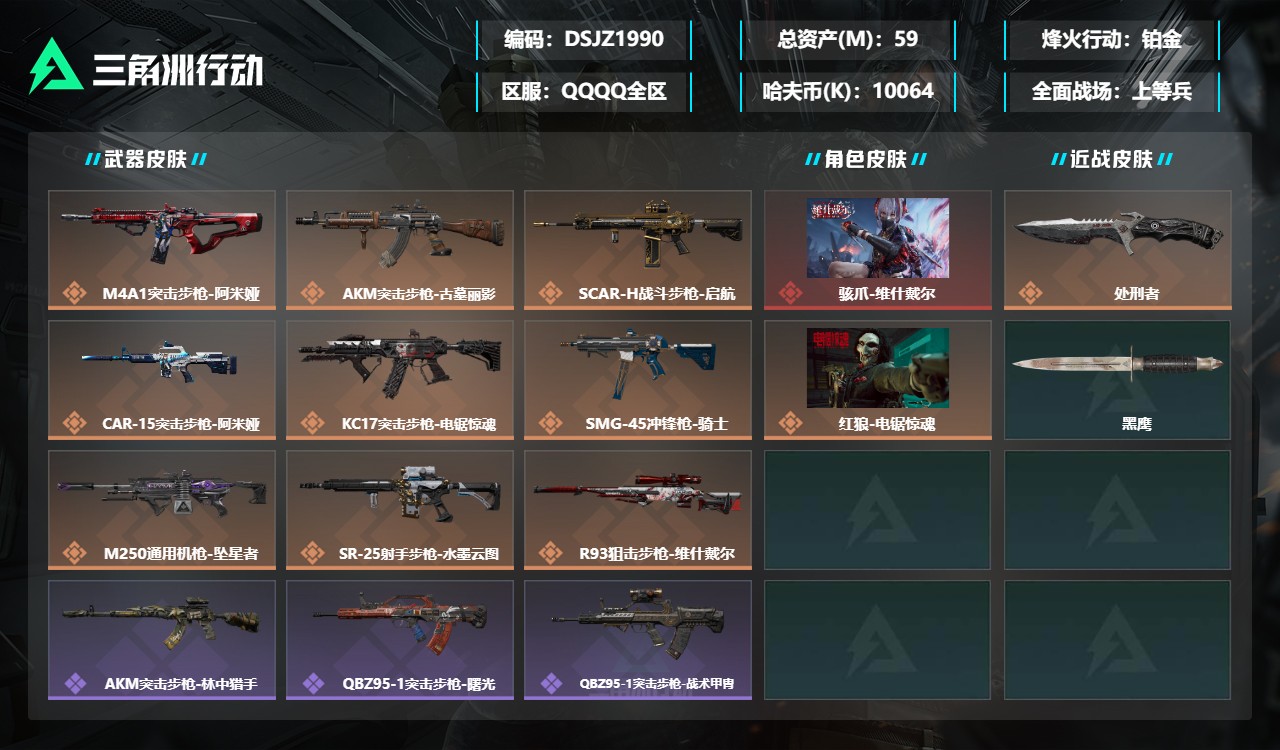 三角洲行动账号QQDSJZ1990三端互通-总价值59M-哈夫币10064k-烽火地带等级60-烽火地带【干员皮肤】红