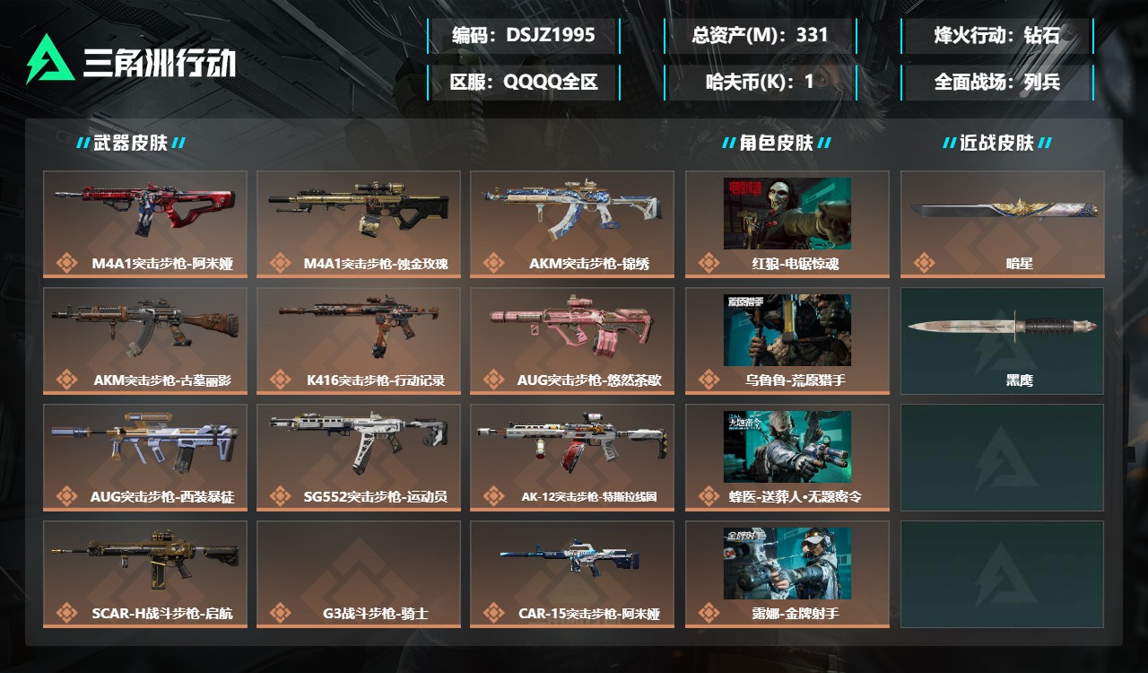三角洲行动账号QQDSJZ1995+可二次【富豪纯币号 总资产331M+银翼-未结卷宗+暗星】三端互通-总价值331M