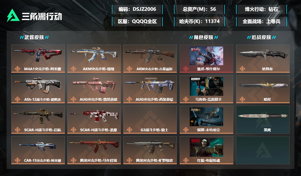 三角洲行动账号QQDSJZ2006三端互通-总价值56M-哈夫币11374k-烽火地带等级60-烽火地带【干员皮肤】乌