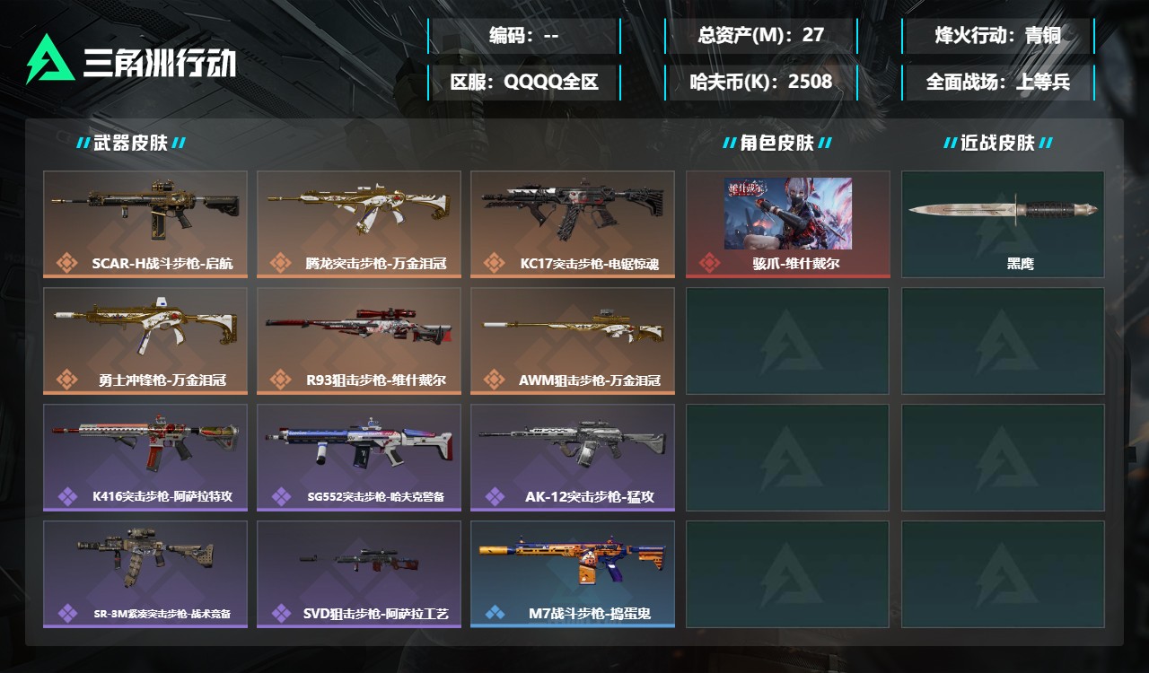 三角洲行动账号QQDSJZ2013+【总资产27M+骇爪-维什戴尔】【总资产(M)】27.91【哈夫币】2508K【行