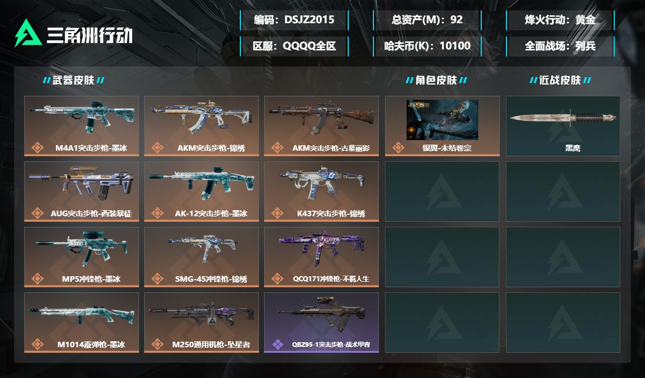 三角洲行动账号QQDSJZ2015+【满级号+总资产92M+41发AW子弹】【总资产(M)】92.06【哈夫币】101