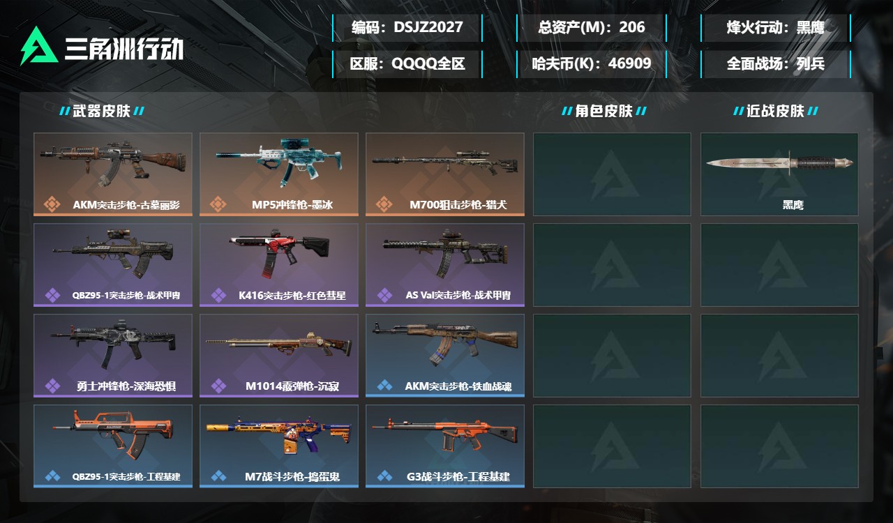 三角洲行动账号QQDSJZ2027【可二次 总资产206M+满体力满负重】三端互通-总价值206M-哈夫币46909k