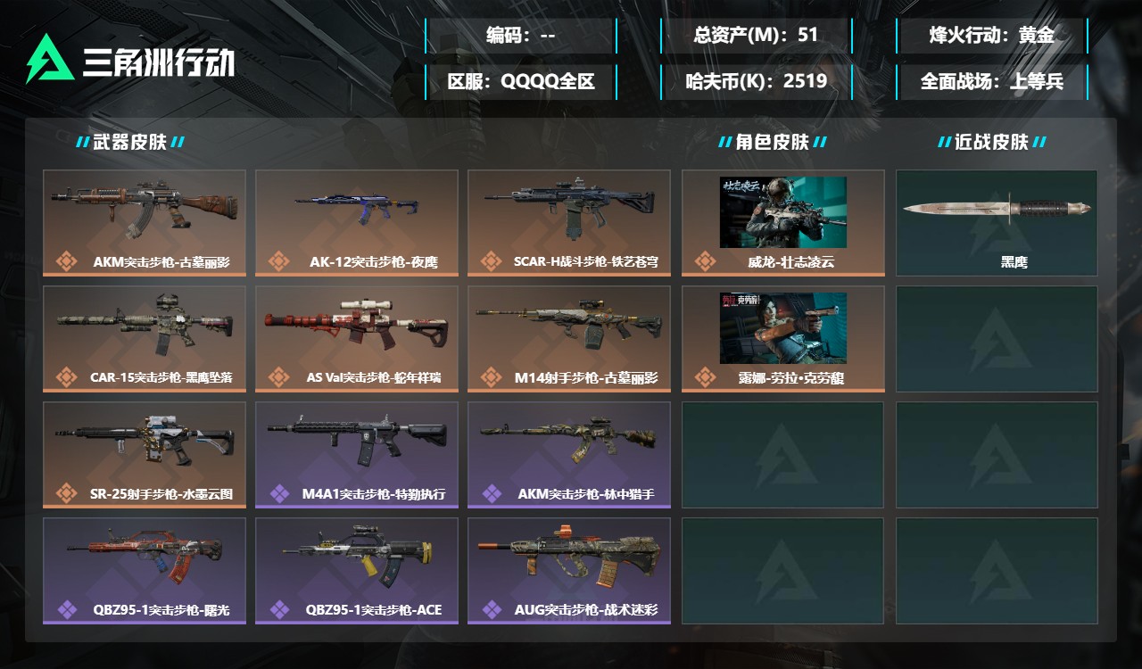 三角洲行动账号QQDSX1649三端互通-总价值51M-哈夫币2519k-烽火地带等级60-烽火地带【干员皮肤】威龙-