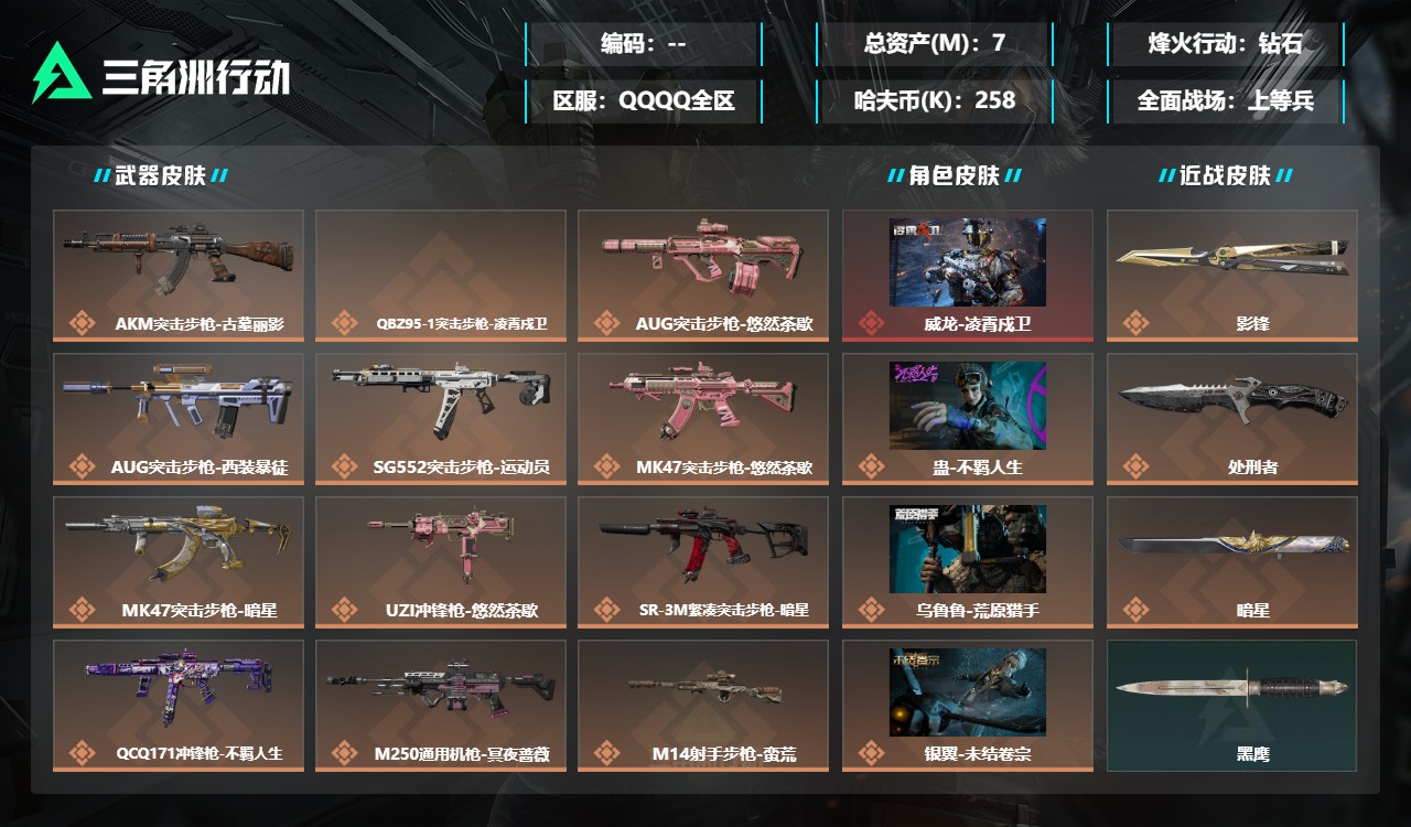 三角洲行动账号QQDSX1674【总资产(M)】7.02【哈夫币】258k【行动等级】60【烽火地带段位】钻石【干员皮