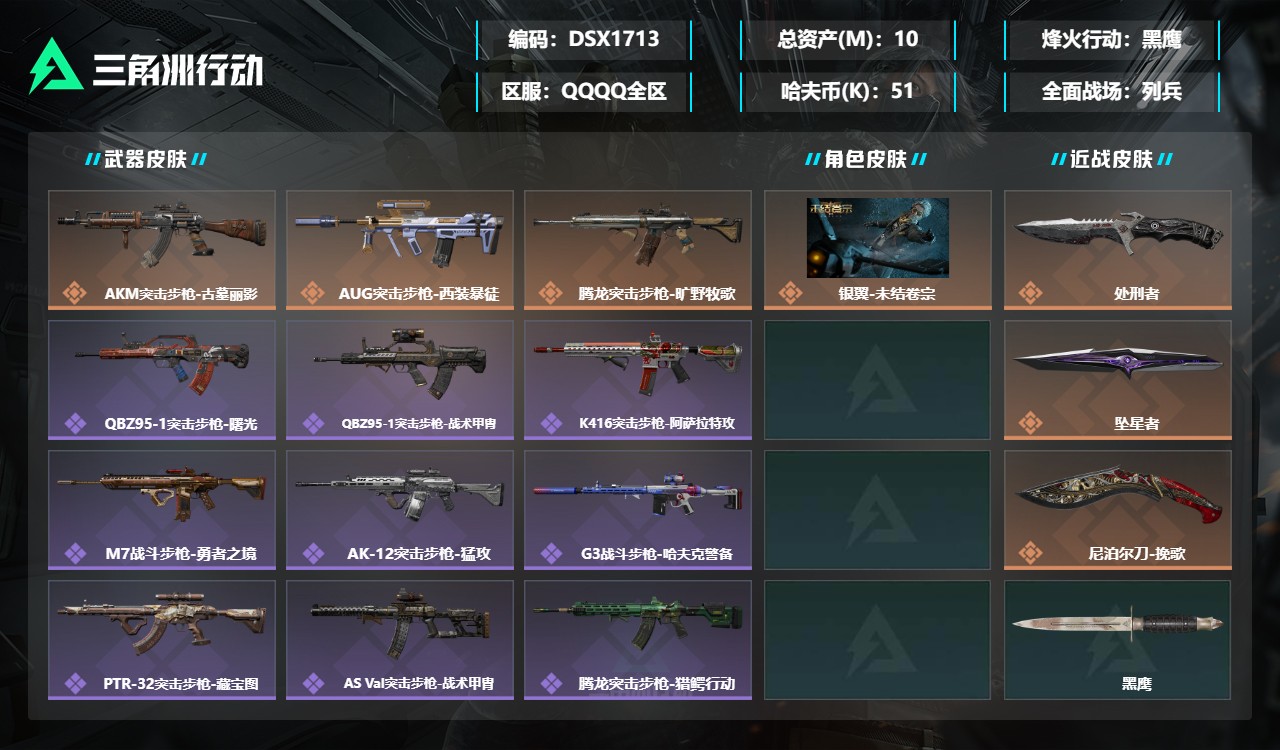 三角洲行动账号QQDSX1713三端互通-总价值10M-哈夫币513046-烽火地带等级60-烽火地带【干员皮肤】银翼