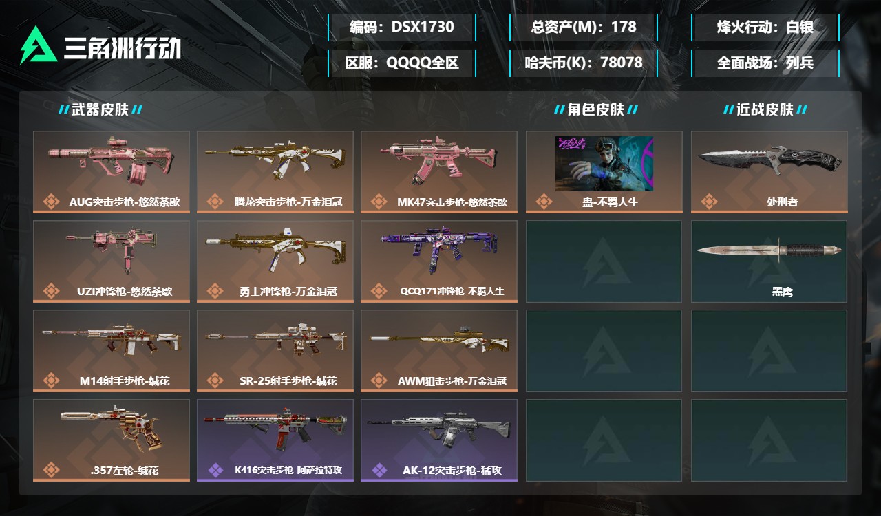 三角洲行动账号QQDSX1730【总资产(M)】178.62【哈夫币】78078k【行动等级】60【烽火地带段位】白银