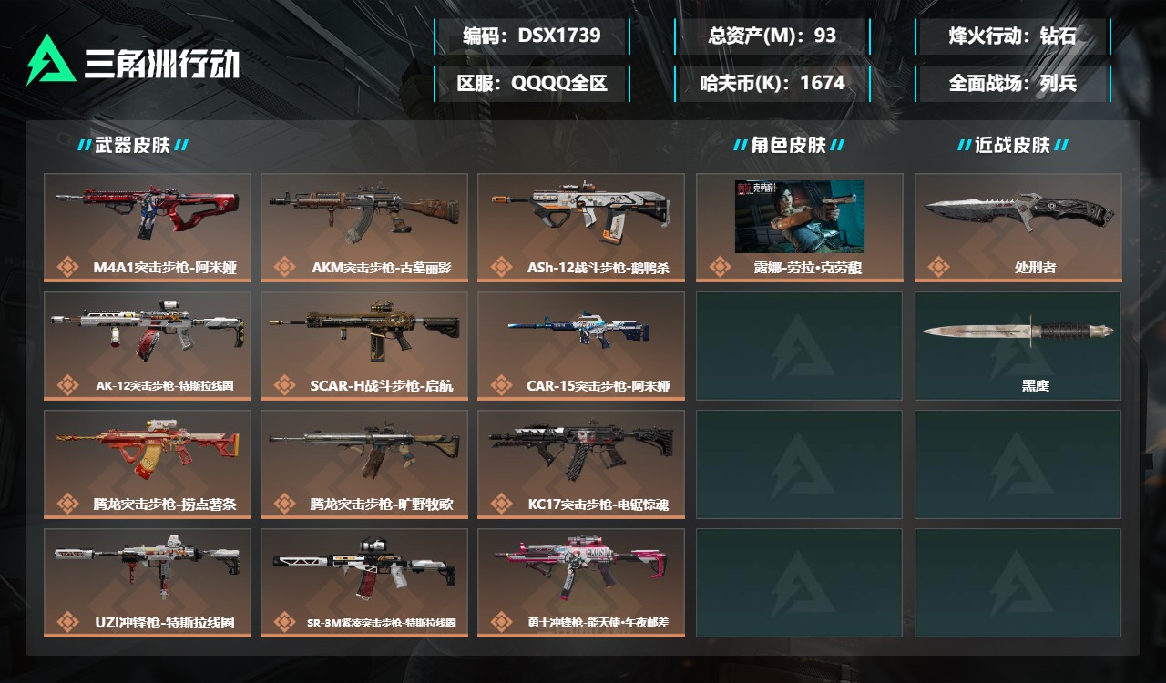 三角洲行动账号QQDSX1739+【总资产(M)】93.76【哈夫币】1674k【行动等级】60【烽火地带段位】钻石【