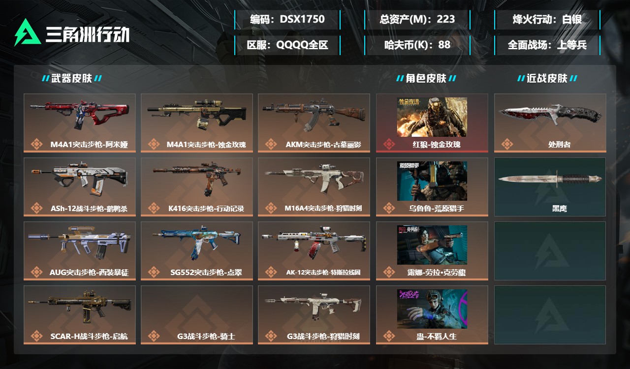 三角洲行动账号QQDSX1750+【干员皮肤 蚀金玫瑰 电锯惊魂 不羁人生 荒野猎人 劳拉 未结卷宗 体7负重9级仓库