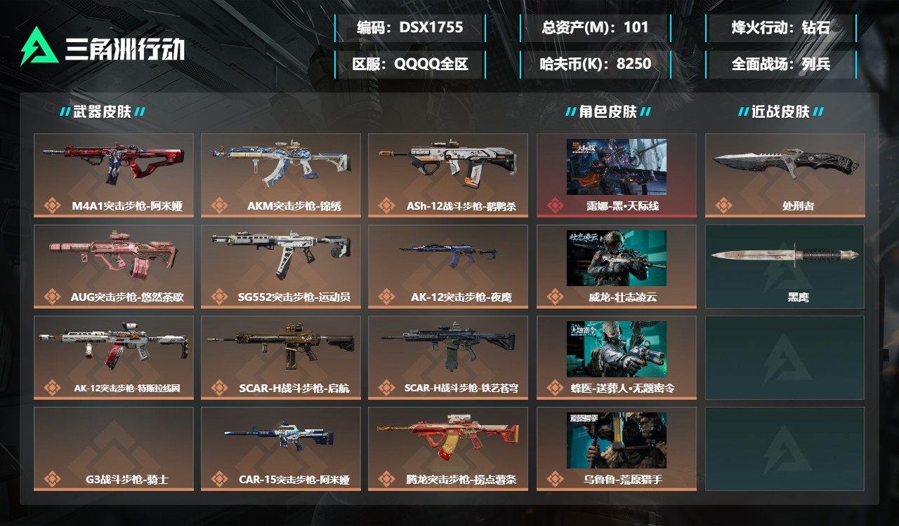 三角洲行动账号QQDSX1755【可二次 7干员 黑天际线 壮志凌云 金牌射手 夜鹰 送葬人 不破誓约 荒野猎人 1刀