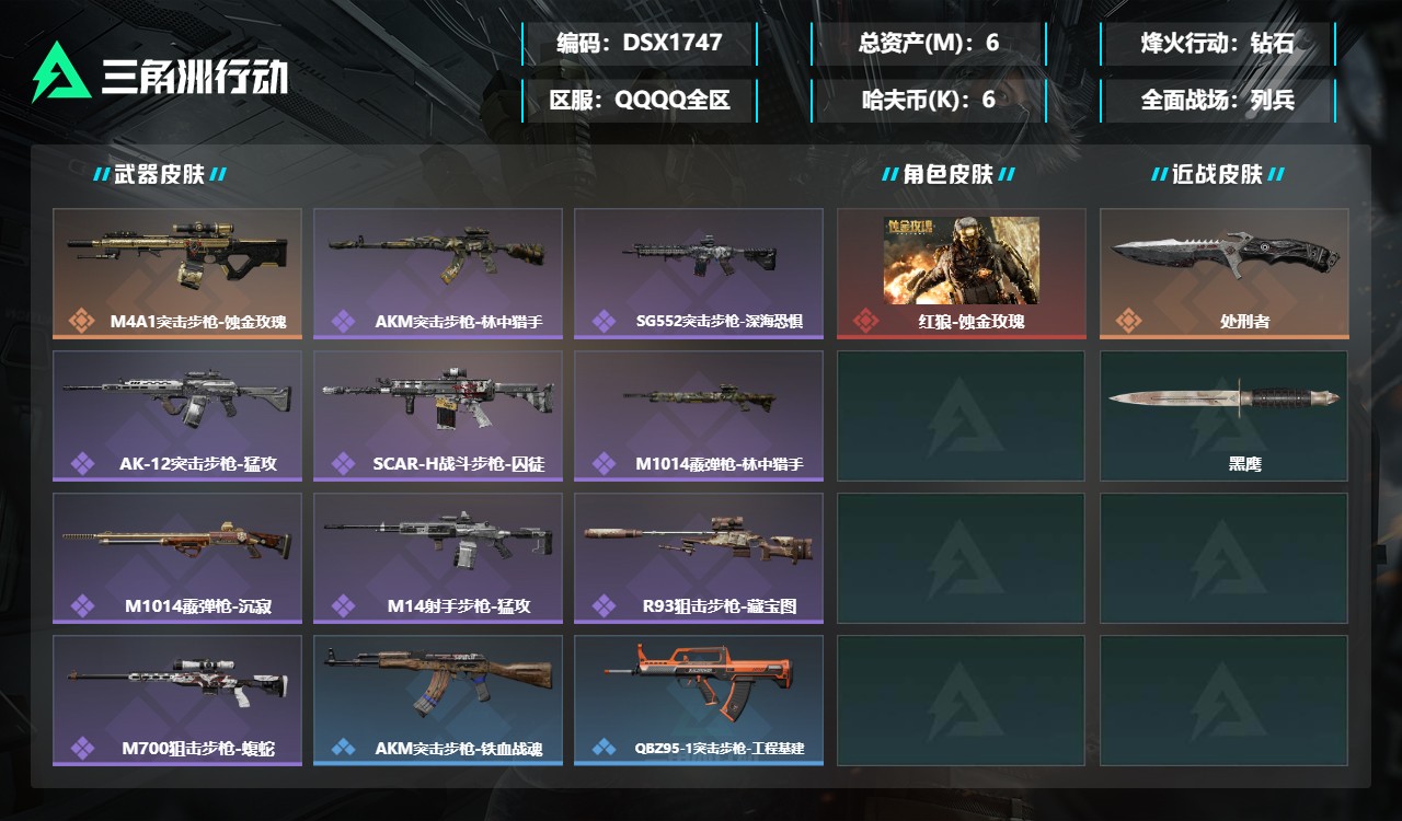 三角洲行动账号QQDSX1747三端互通-总价值6M-哈夫币62543-烽火地带等级60-烽火地带【干员皮肤】红狼-蚀